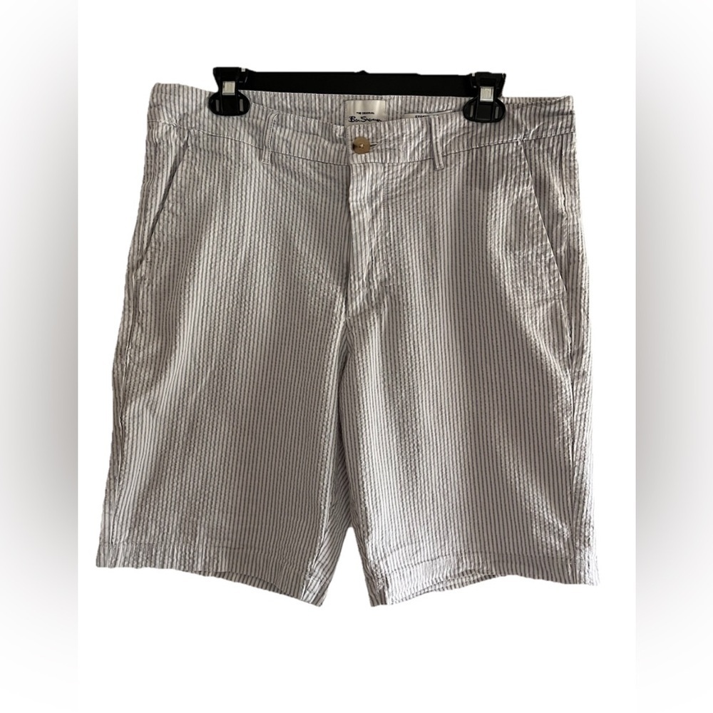 Ben Sherman Mens Seersucker Shorts size 34 Blue White Stripe Stretch Derby